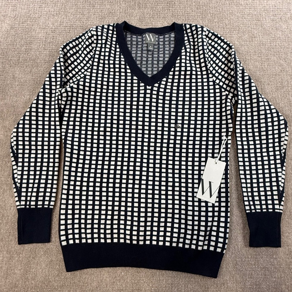 Worthington Womens Navy White Grid V-Neck Knit Sweater Long Sleeve Size M NEW